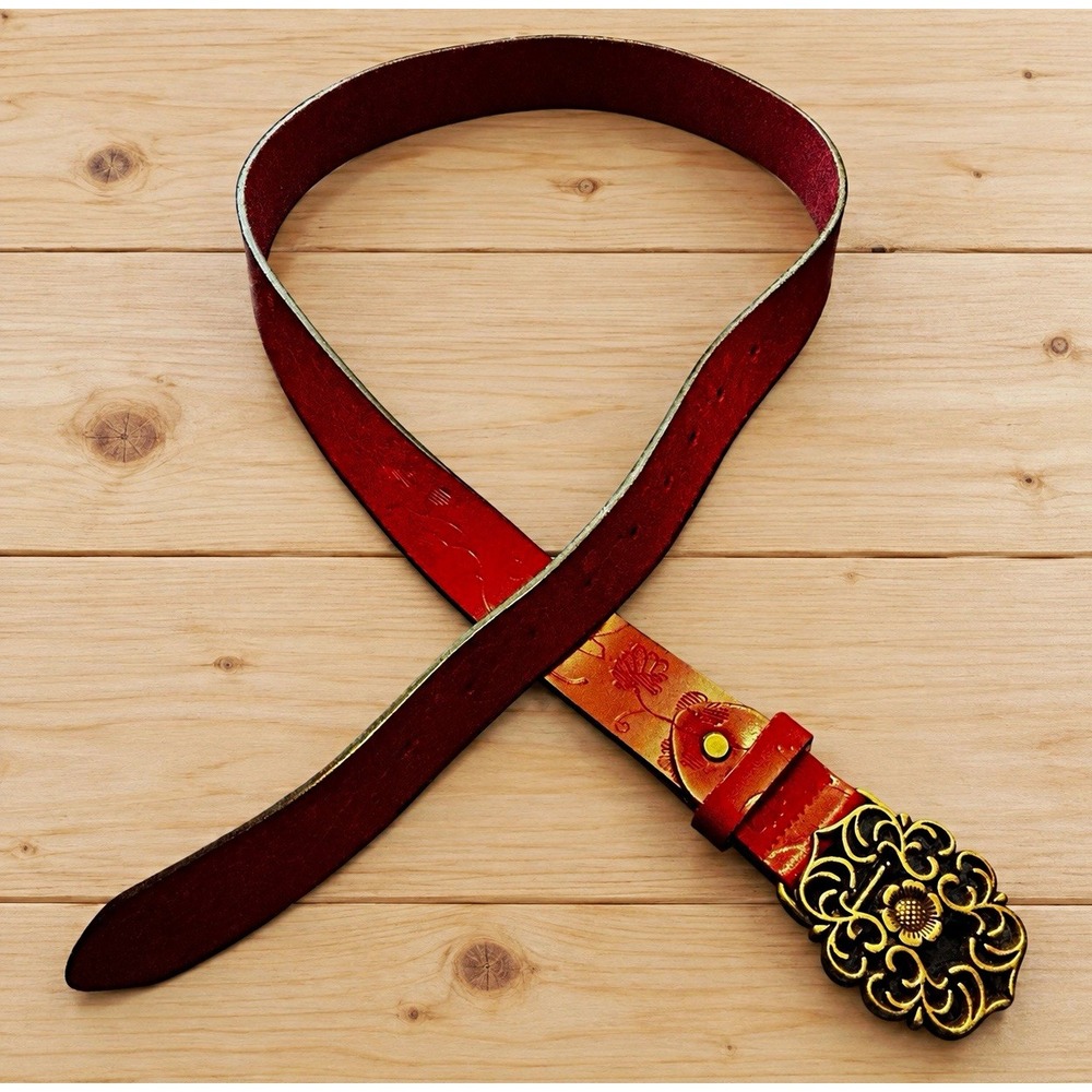 Women's Red Floral Fashion Belt Adjustable Gold-Tone Metal Buckle Size 41[A1]